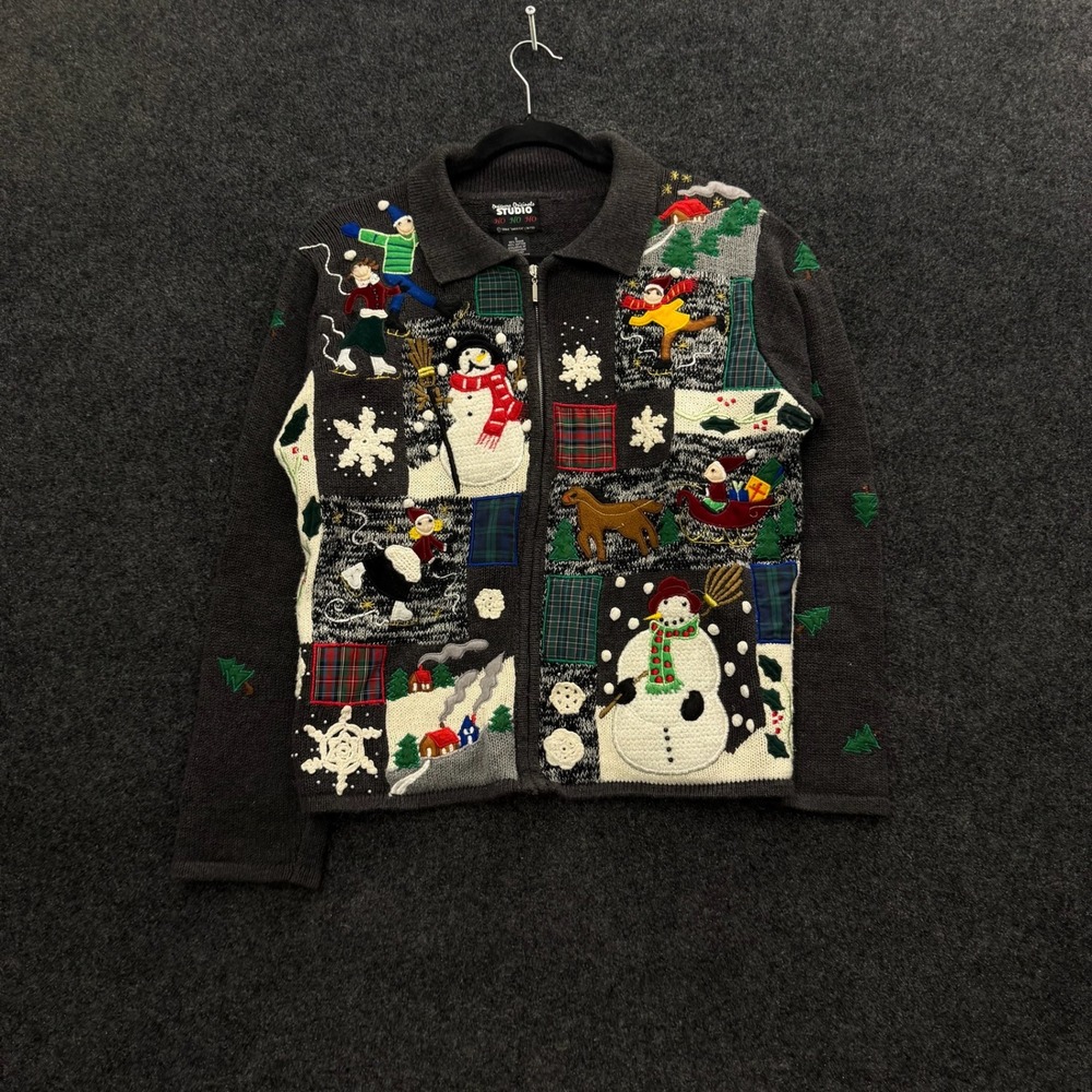 Vintage Designers Originals Studio Ho Ho Ho Christmas Snowman Zip Cardigan S
